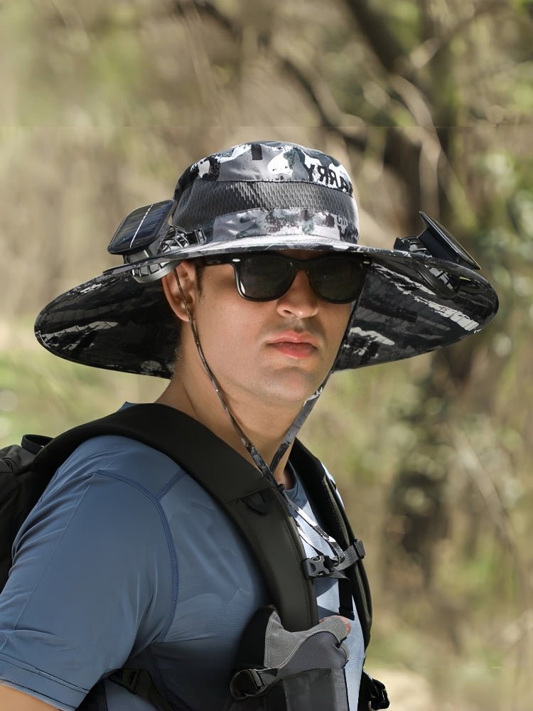 Solar Powered Rechargeable Fan Hat for Men – Wide Brim Outdoor Sun Hat for Hiking & Fishing