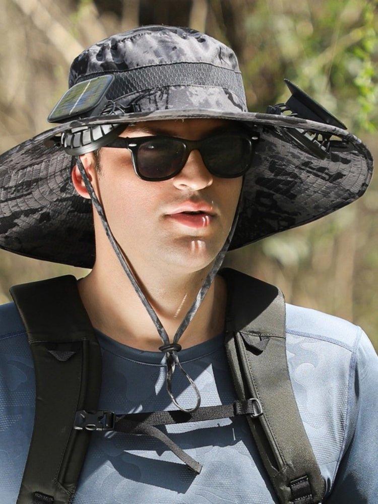 Solar Powered Rechargeable Fan Hat for Men – Wide Brim Outdoor Sun Hat for Hiking & Fishing